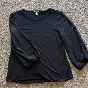 Cable & Gauge Black Long Sleeve Top with Dotted Sheer Puff Sleeves